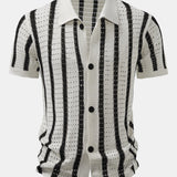 Stripe Open Knit Shirt & Crinkle Textured Drawstring 5" Shorts