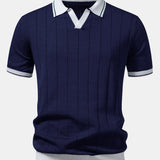 Contrast Trim Ribbed Johnny Collar Knit Polo & Slim Fit Tapered Trousers