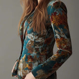 Vintage Teal Floral Velvet Tailored Blazer