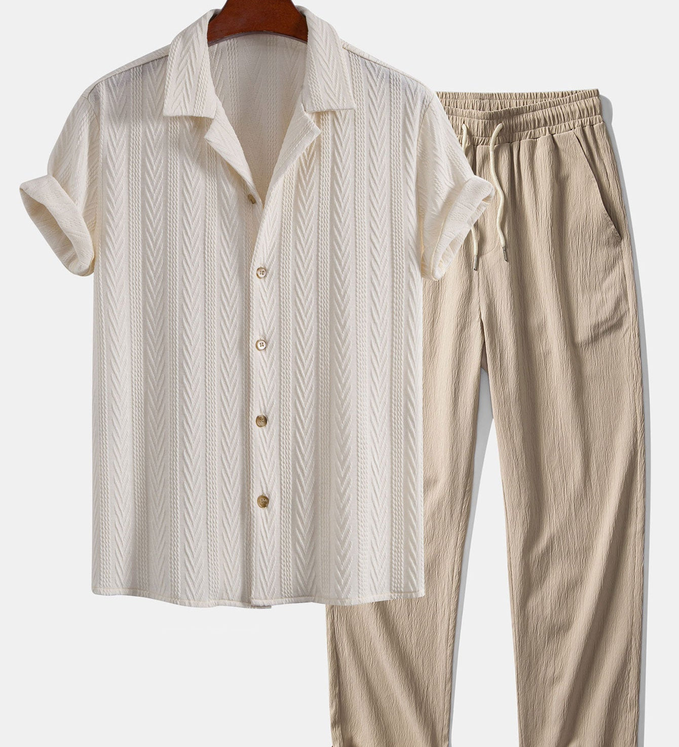 Textuur Jacquard Cubaanse Shirt & Kreukel Textuur Rechte Pantalon
