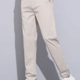 Contrast Trim Ribbed Johnny Collar Knit Polo & Elastic Waist Straight Leg Trousers