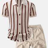 Stripe Open Knit Shirt & Crinkle Textured Drawstring 5" Shorts