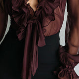 Retro Plum Sheer Ruffled Tie-Front Chiffon Blouse