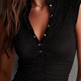 Quiet Luxury Stand Collar Shimmer Ruched Stretch Buttons Top