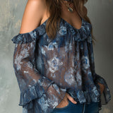 Boho Midnight Blue Ruffled Sheer Floral Off-Shoulder Blouse