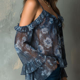Boho Midnight Blue Ruffled Sheer Floral Off-Shoulder Blouse
