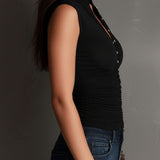 Quiet Luxury Stand Collar Shimmer Ruched Stretch Buttons Top