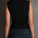 Quiet Luxury Stand Collar Shimmer Ruched Stretch Buttons Top