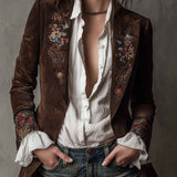 Vintage Brown Suede Blazer With Embroidered Details