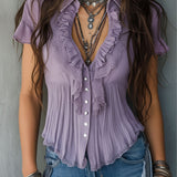 Vintage Boho Lavender Pleated Ruffled Lace Blouse