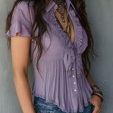 Vintage Boho Lavender Pleated Ruffled Lace Blouse