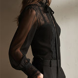 Retro Elegant Lace Stand-up Collar Tie Neck Chiffon Blouse