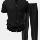 Twisted Jacquard Crew Neck Button Up Knit Shirt & Slim Fit Tapered Trousers