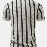 Stripe Open Knit Shirt & Crinkle Textured Drawstring 5" Shorts