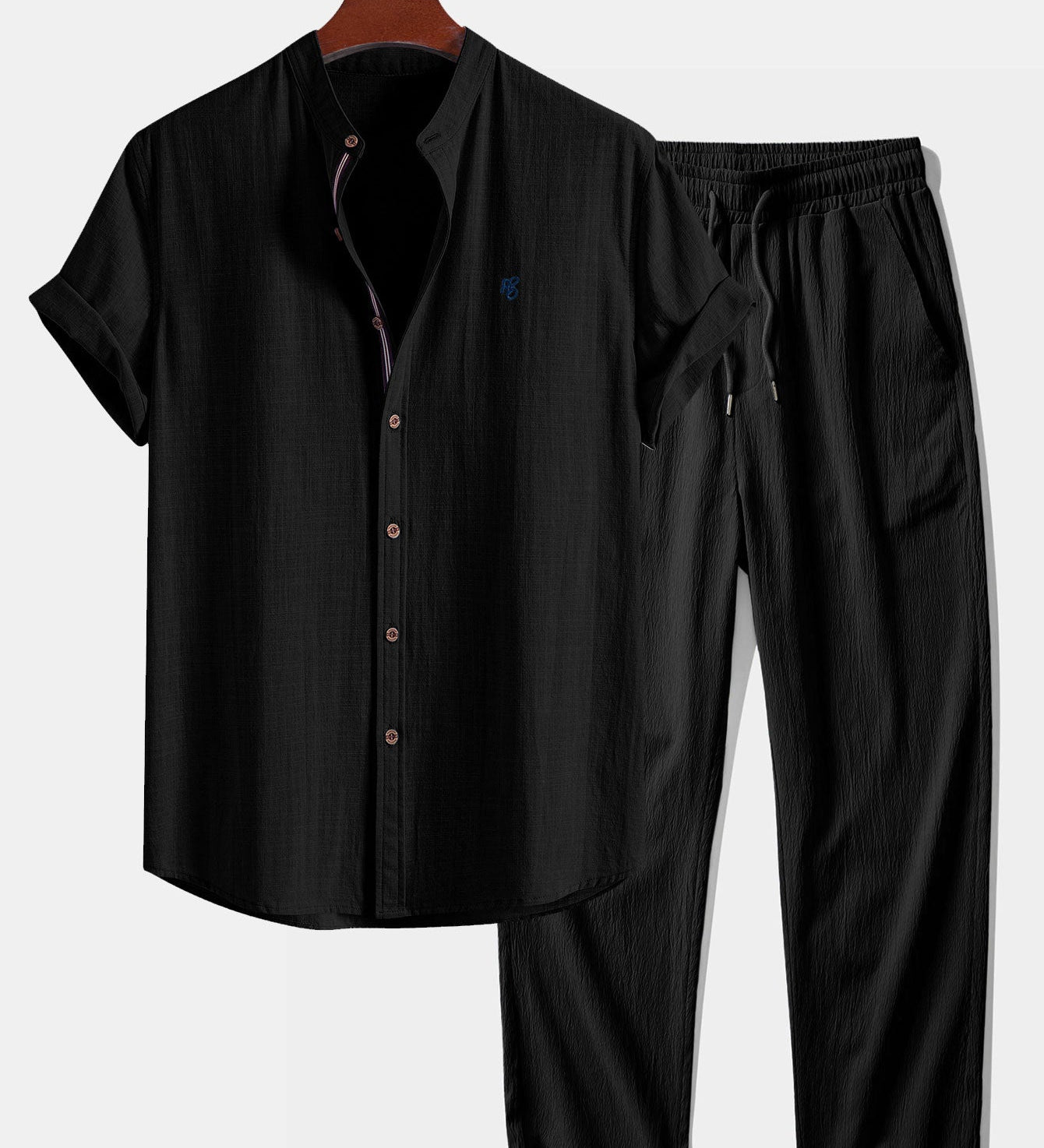 Short Sleeve Linen Look Stand Collar Shirt & Crinkle Textured Straight Leg Pants