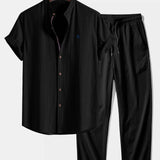 Short Sleeve Linen Look Stand Collar Shirt & Crinkle Textured Straight Leg Pants