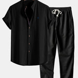 Short Sleeve Linen Look Stand Collar Shirt & Straight Leg Linen Pants