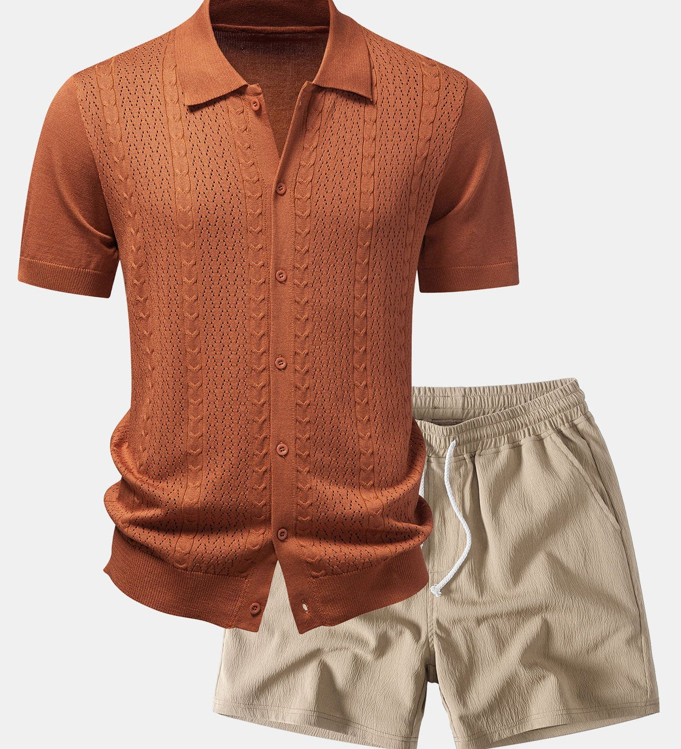 Twisted Jacquard Button Up Knit Shirt & Crinkle Textured Drawstring 5" Shorts