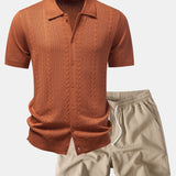 Twisted Jacquard Button Up Knit Shirt & Crinkle Textured Drawstring 5" Shorts