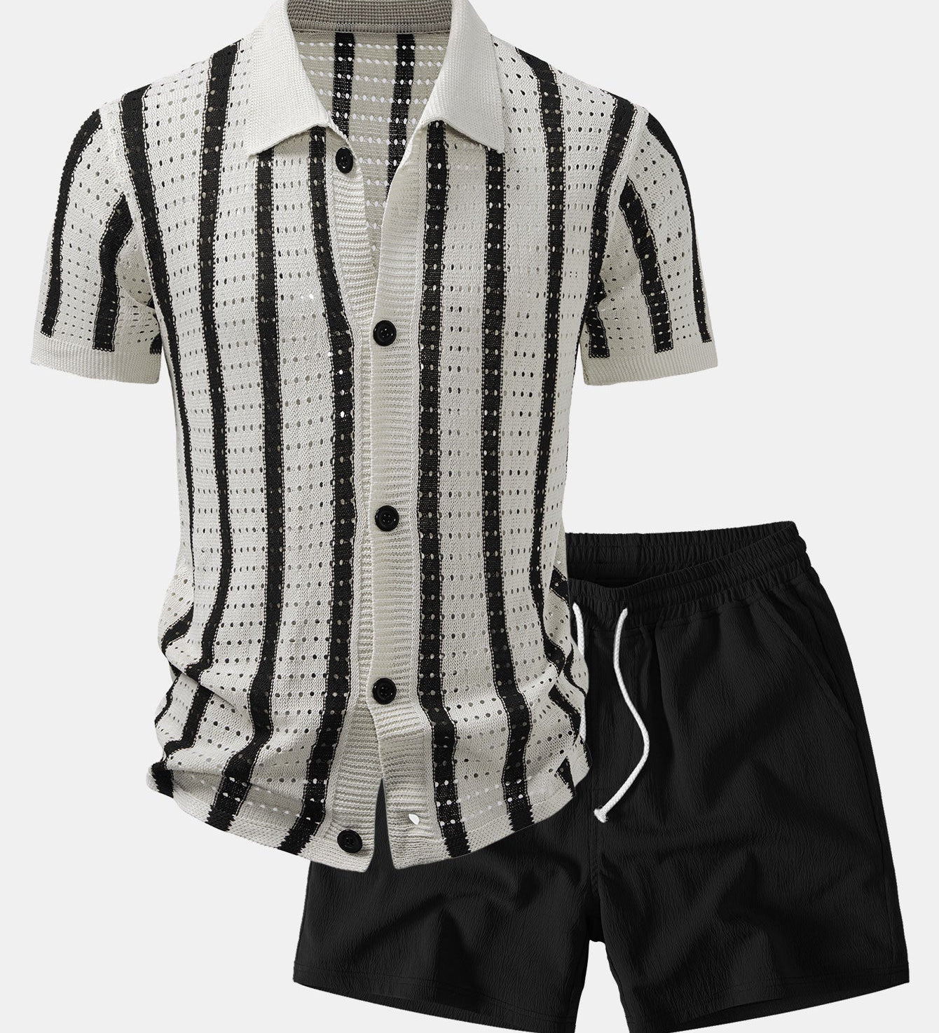 Stripe Open Knit Shirt & Crinkle Textured Drawstring 5" Shorts
