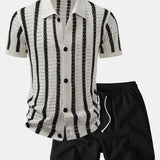 Stripe Open Knit Shirt & Crinkle Textured Drawstring 5" Shorts