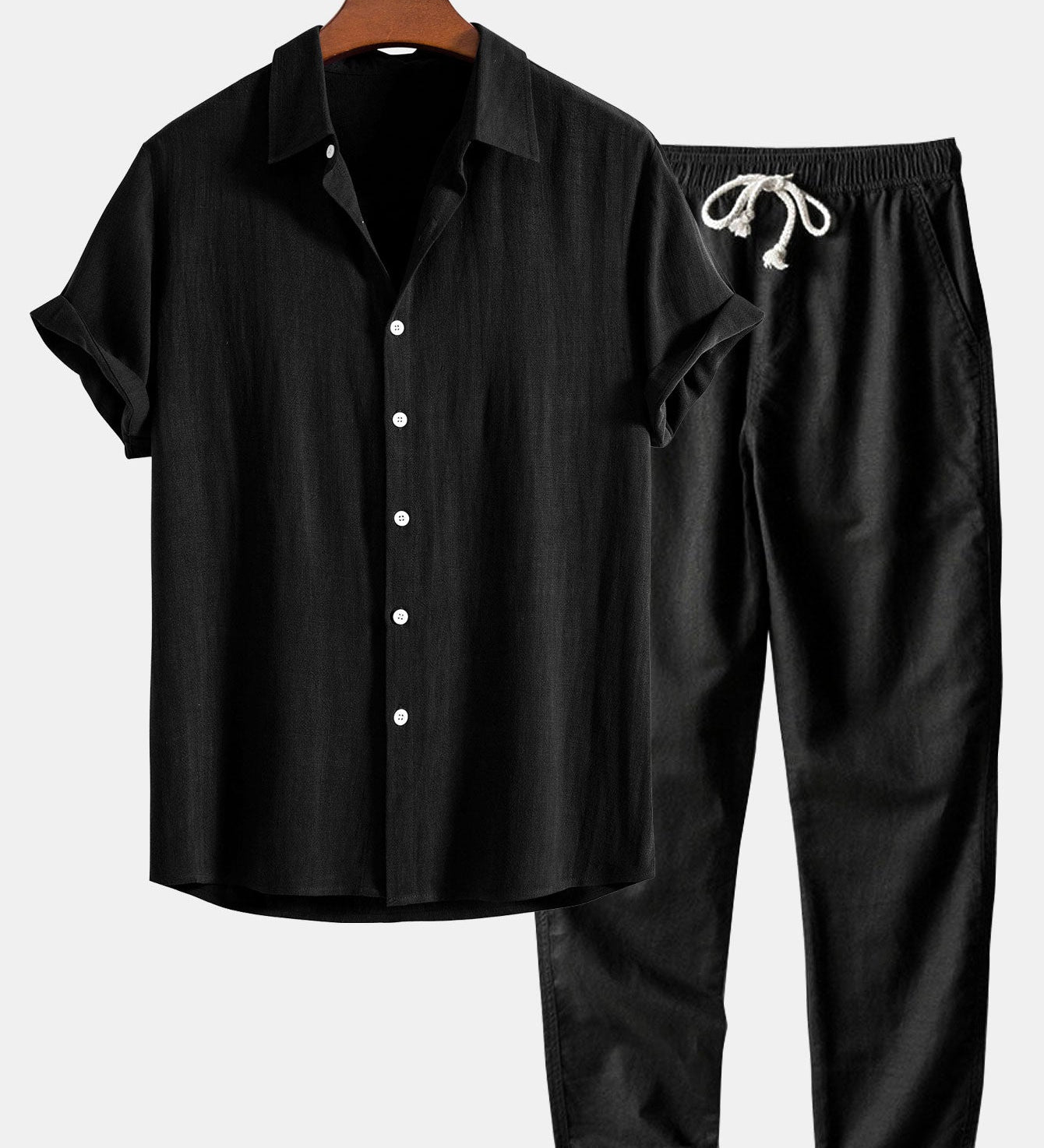 Linnen Rayon Mix Knopen Shirt & Rechte Pijpen Linnen Broek