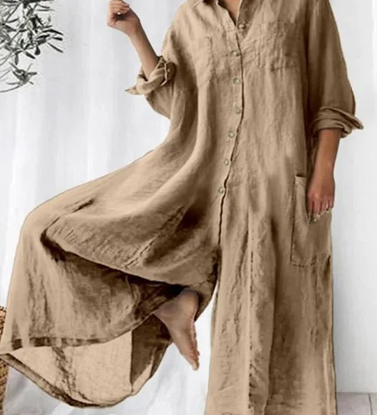 Casual Plain Lapel Collar Single Breasted Wide Leg Jumpsuit
