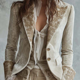 Ivory Velvet Embroidered Blazer With Lace Cuffs