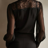 Retro Elegant Lace Stand-up Collar Tie Neck Chiffon Blouse