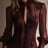 Retro Elegant Lace Stand-up Collar Tie Neck Chiffon Blouse