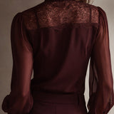 Retro Elegant Lace Stand-up Collar Tie Neck Chiffon Blouse