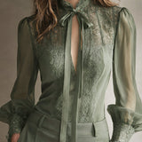 Retro Elegant Lace Stand-up Collar Tie Neck Chiffon Blouse