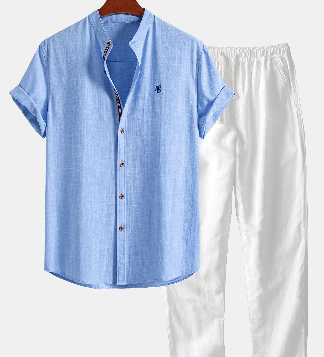 Short Sleeve Linen Look Stand Collar Shirt & Straight Leg Linen Pants