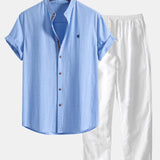 Short Sleeve Linen Look Stand Collar Shirt & Straight Leg Linen Pants