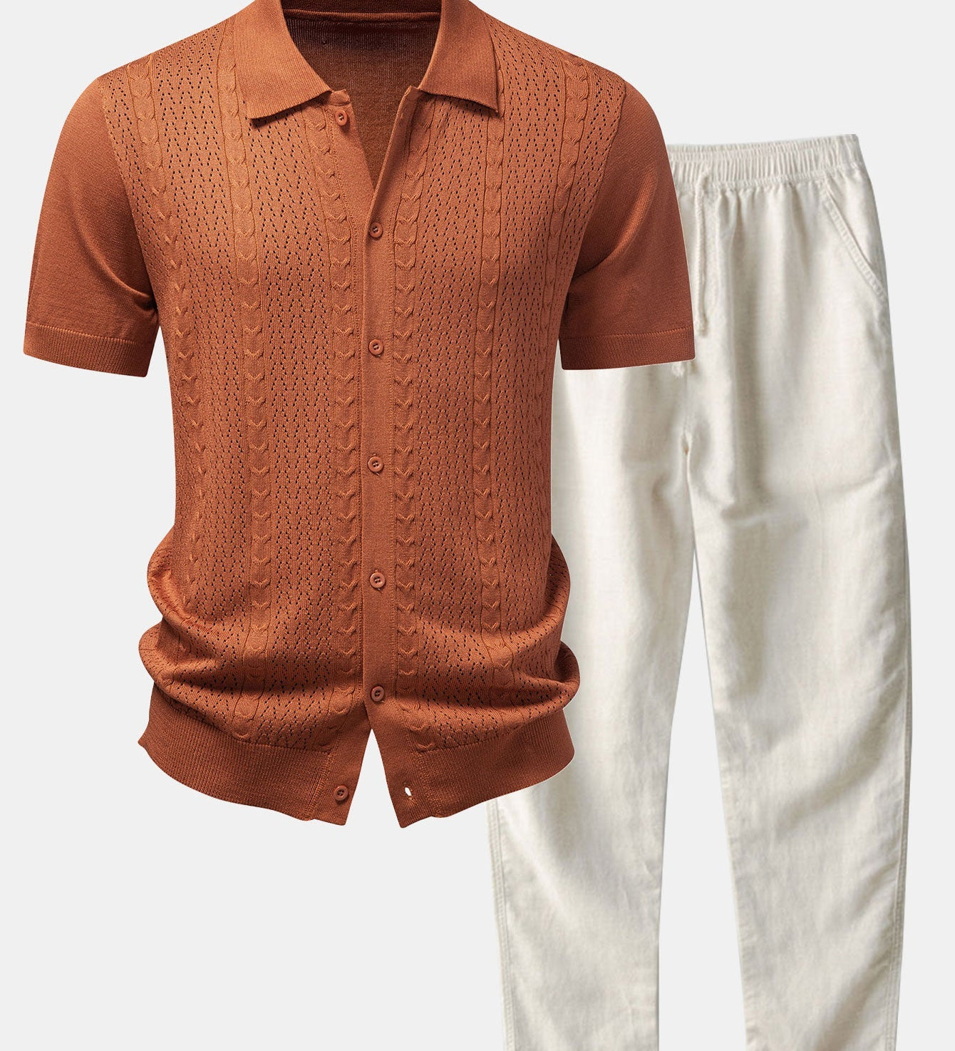 Twisted Jacquard Button Up Knit Shirt & Straight Leg Linen Pants