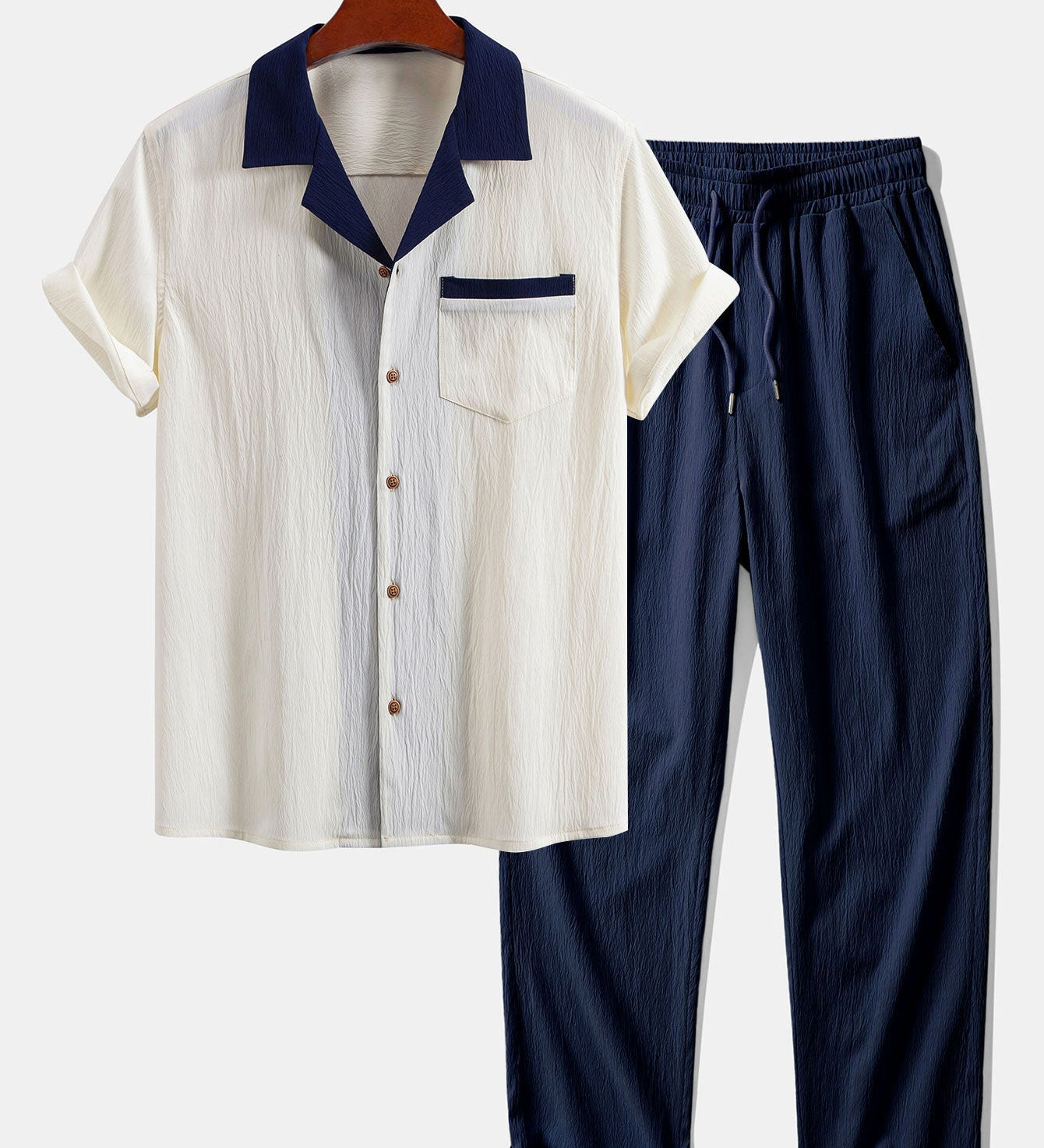 Textured Contrast Cuban Shirt & Straight Leg Pants