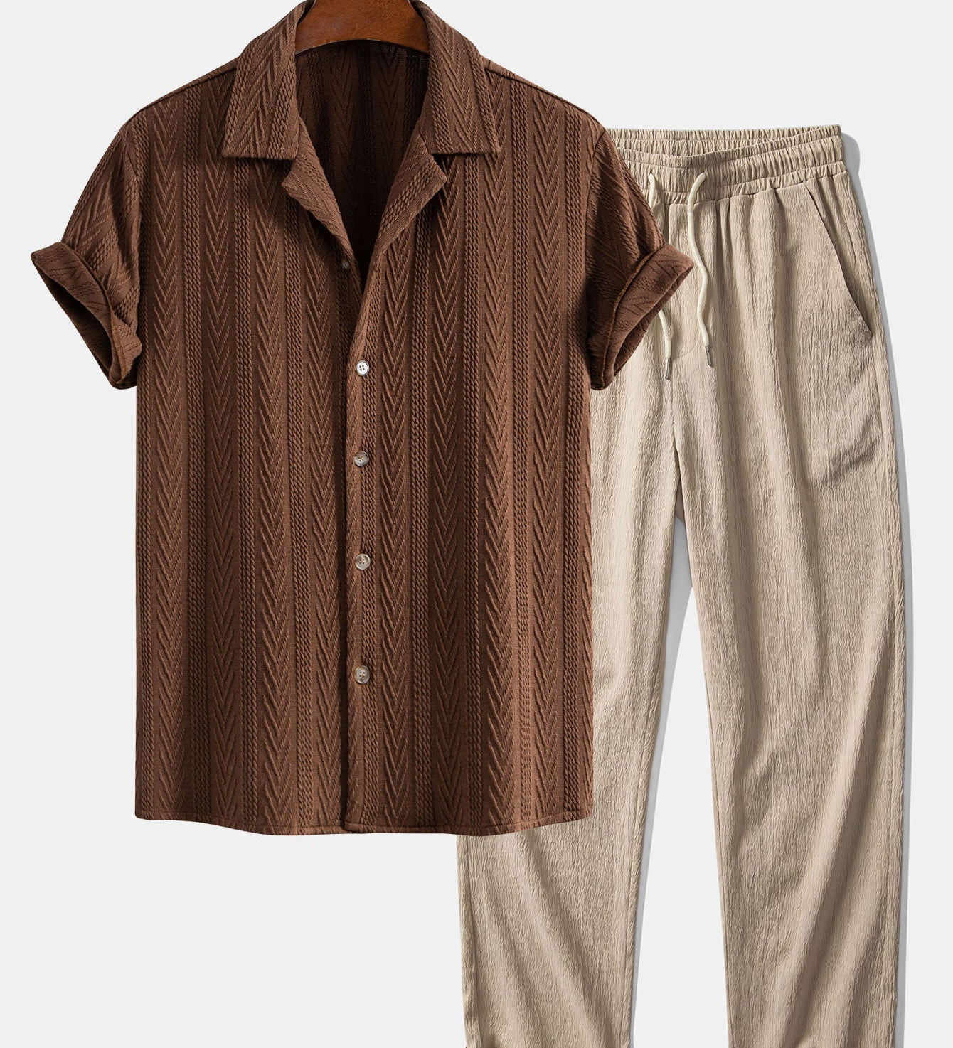 Textuur Jacquard Cubaanse Shirt & Kreukel Textuur Rechte Pantalon