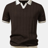 Contrast Trim Ribbed Johnny Collar Knit Polo & Elastic Waist Straight Leg Trousers