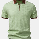 Contrast Trim Textured Zipper Knit Polo & Elastic Waist Straight Leg Trousers