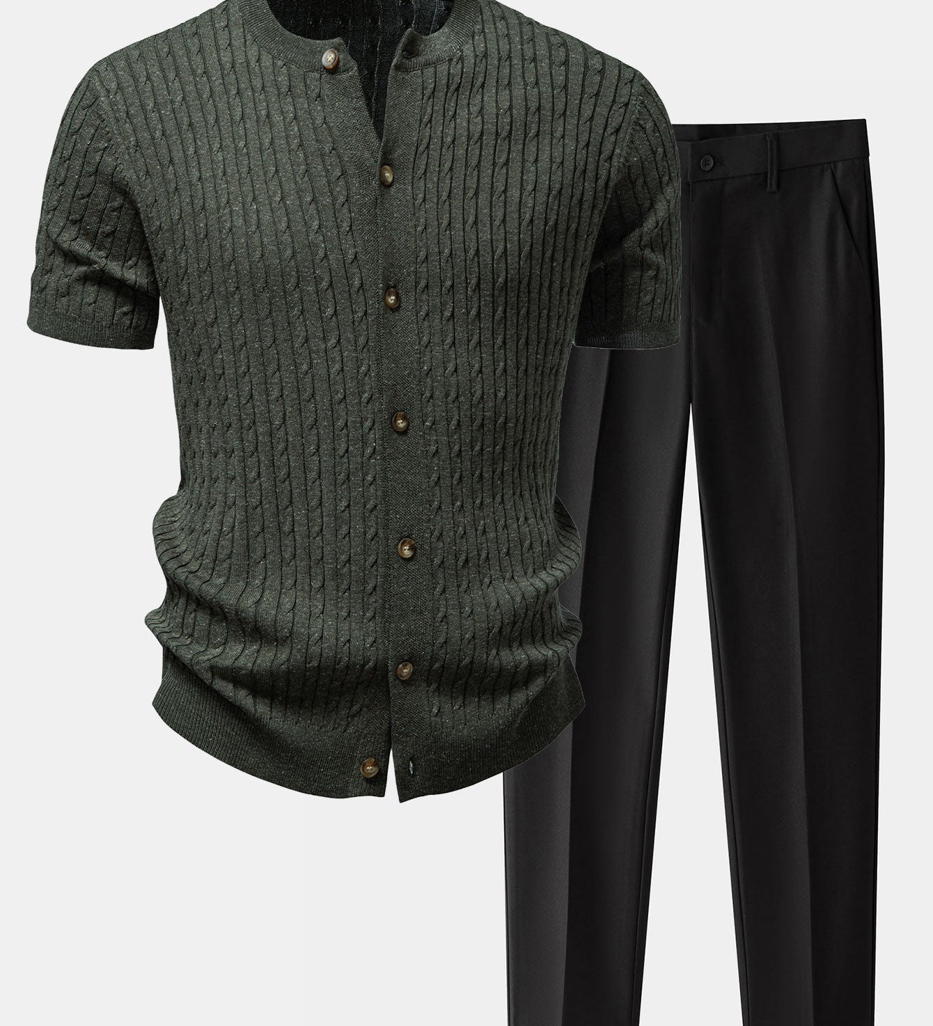 Twisted Jacquard Crew Neck Button Up Knit Shirt & Slim Fit Tapered Trousers