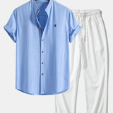 Short Sleeve Linen Look Stand Collar Shirt & Crinkle Textured Straight Leg Pants
