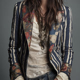 Bohemian Floral Print Cotton And Linen Striped Blazer