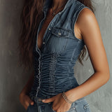 Retro Blue Ruched Denim Sleeveless Shirt