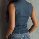 Retro Blue Ruched Denim Sleeveless Shirt