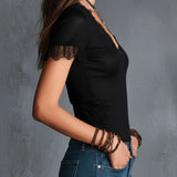 Boho Black Lace Trim V-Neck Short Sleeve Fitted Blouse