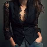 Elegant Black Lace Panel Sleeve Blazer Top