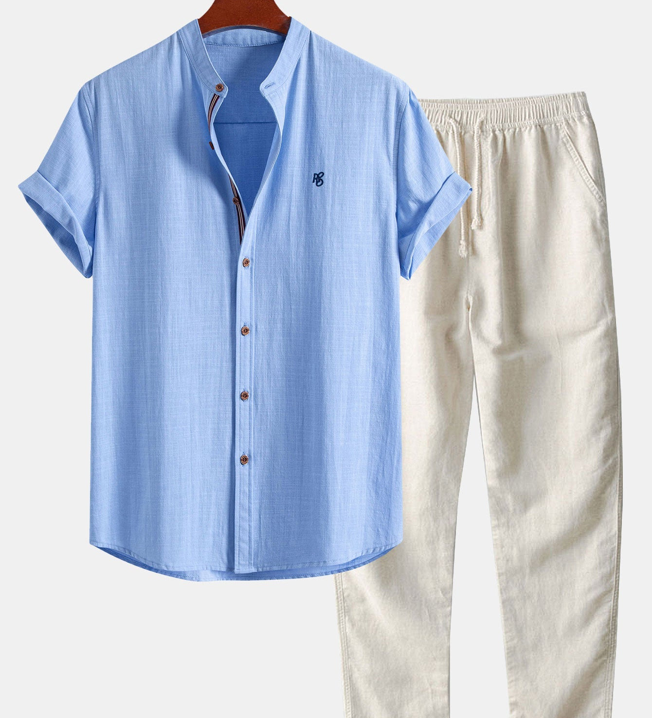 Short Sleeve Linen Look Stand Collar Shirt & Straight Leg Linen Pants