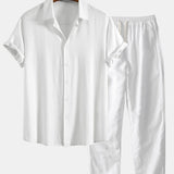 Linnen Rayon Mix Knopen Shirt & Rechte Pijpen Linnen Broek