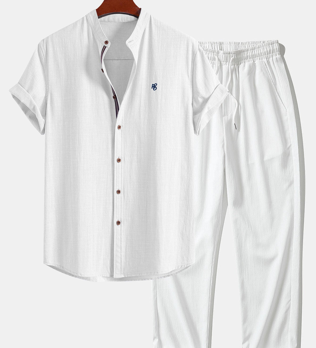 Short Sleeve Linen Look Stand Collar Shirt & Crinkle Textured Straight Leg Pants