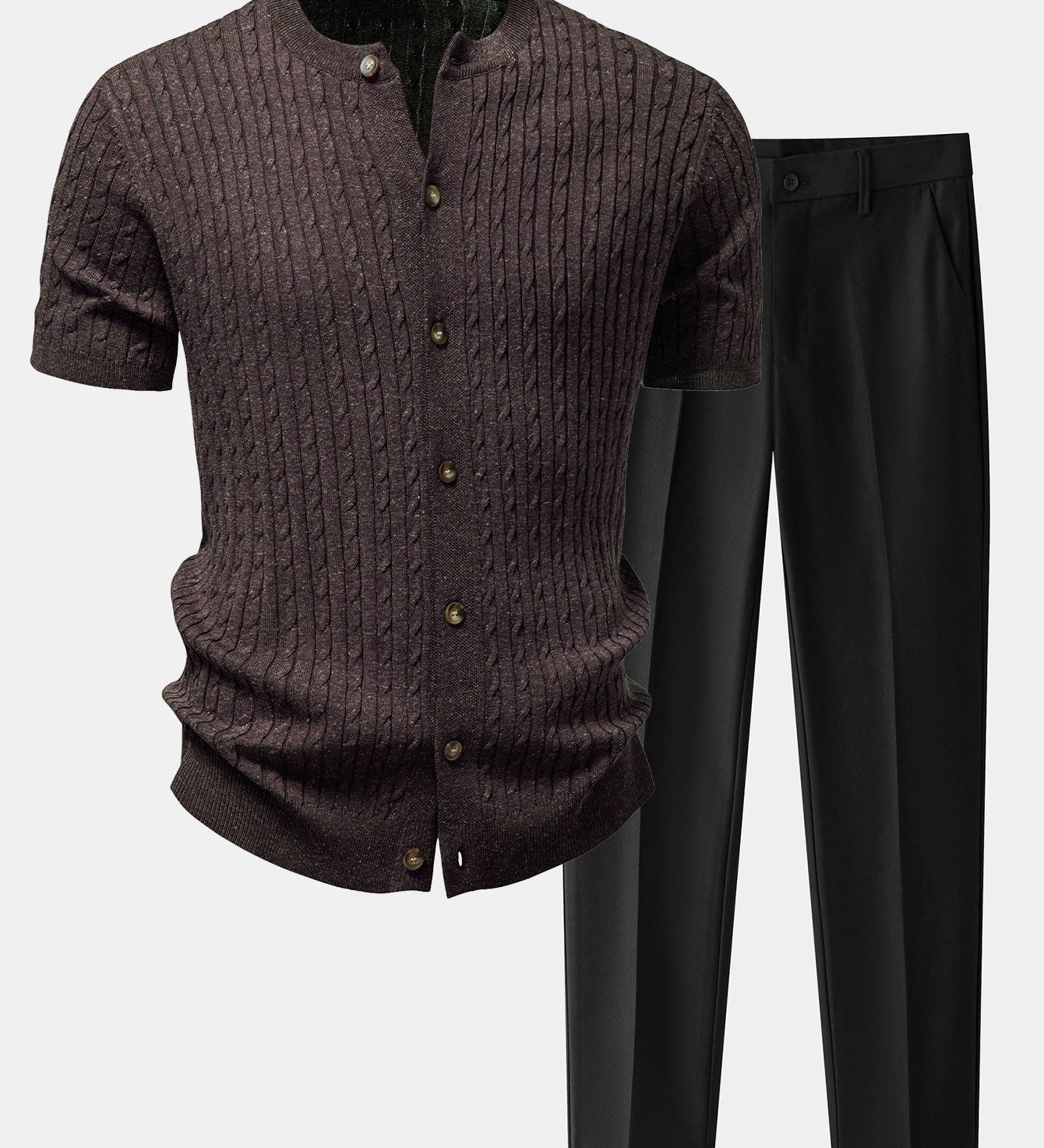 Twisted Jacquard Crew Neck Button Up Knit Shirt & Slim Fit Tapered Trousers
